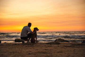 Man with his German Boxer dog sitting on the beach at sunset, looking at the sea waves under a colorful sky