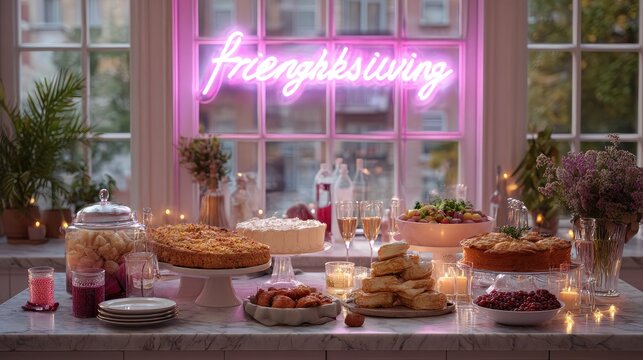 Friendsgiving Feast Table with Festive Neon Sign and Food Assortment in Warm Light and Window Backdrop - Powered by Adobe