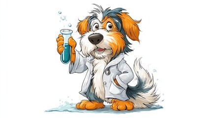 A cartoon dog in a lab coat holds a beaker, examining blue liquid, with bubbles, against white