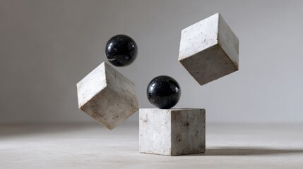 Black spheres flirt above concrete cubes, embodying gravity's playful tango; a spatial nod to National Science Week and World Art Day