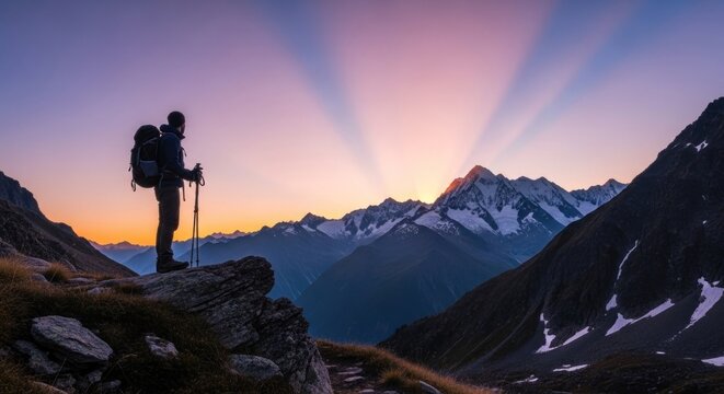 A lone hiker stands on a rocky outcrop, gazing at a majestic mountain range bathed in the ethereal glow of a sunrise.