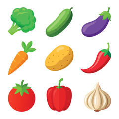 Collection of colorful fresh vegetable icons including broccoli, cucumber, eggplant, carrot, potato, chili, tomato, pepper, and garlic illustration