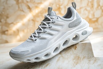 A white and grey running sneaker with breathable upper and soft sole against a light stone background