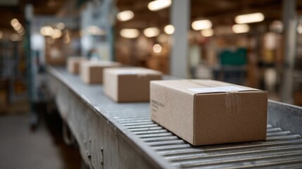 Boxes parade on a metallic conveyor, whispering secrets of global delivery, Cyber Monday rush, logistical ballet