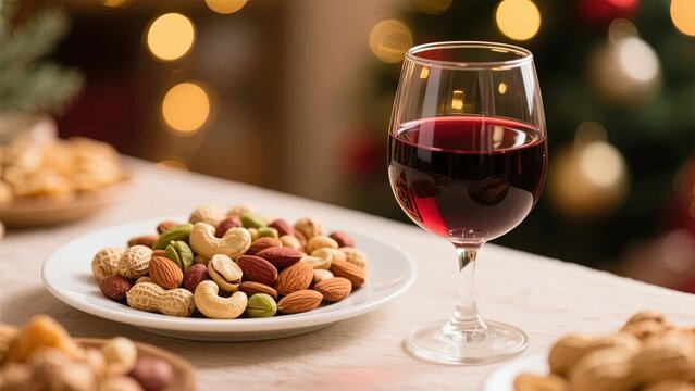 A glass of red wine and a plate of mixed nuts on a table with festive background lights
