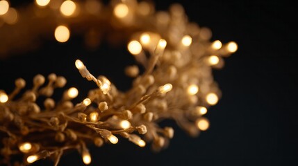 Golden fairy lights twinkle on a rustic branch wreath, ambiance of hygge, winter solstice glow, festive yuletide spirits