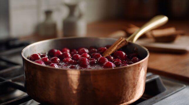 Simmering cranberries dance in copper, exuding holiday cheer and autumnal warmth, perfect for Thanksgiving feasts and Solstice celebrations