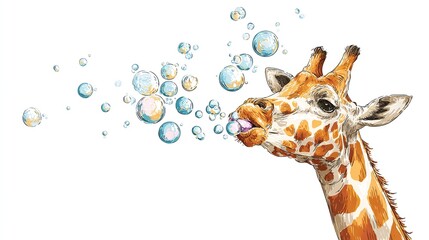 A whimsical, watercolor illustration depicts a giraffe blowing bubbles from its open mouth against a white background
