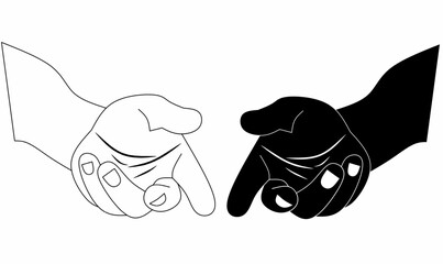 Vector illustration of human hand in outline and silhouette style showing pointing, hand drawing and beckoning gesture. Symbol of direction, call, invite, attention, and communication.