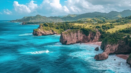 Turquoise waters meet rocky cliffs with lush green hills under sunny skies
