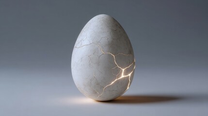 Cracked mystical egg emits ethereal light, symbolizing rebirth and transformation, invoking Imbolc and World Egg Day mystique