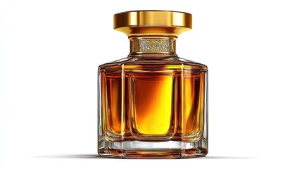 Elegant perfume bottle with gold accents and crystal detailing, filled with amber liquid, against white