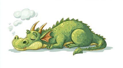 A cartoon green dragon lies asleep, curled on its side, emitting small clouds of breath, horns and wings visible; a simple, whimsical illustration