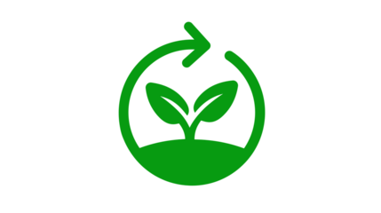 Green circular recycling symbol with a plant growing inside, representing sustainability.