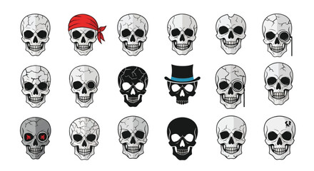 Collection of cartoon skulls with various accessories and styles.