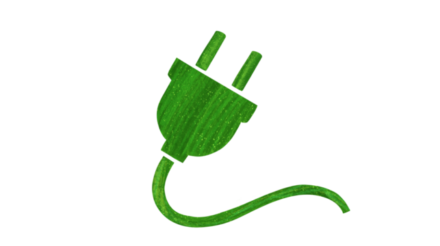 Green electrical plug icon with a textured, hand-drawn appearance, symbolizing eco-friendly energy and sustainability on a white background. - Powered by Adobe