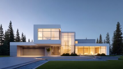 Obraz premium Modern Architectural Marvel: A stunning, contemporary house showcases sleek lines, expansive windows, and sophisticated design elements.