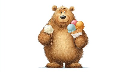 Cartoon bear holding ice cream cones; surprised expression, isolated on white