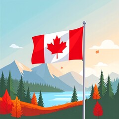 Canadian flag waving over autumnal mountains