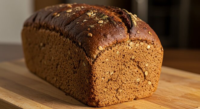 Freshly baked loaf of whole wheat bread on wooden cutting board