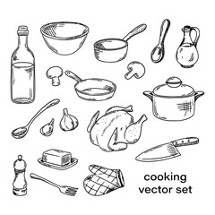 Vector set of kitchen utensils. Cooking chicken, main course, lunch. Sketch of kitchen utensils. Vector illustrations.