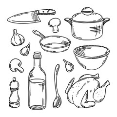 Vector set of kitchen utensils. Cooking chicken, main course, lunch. Sketch of kitchen utensils. Vector illustrations.