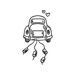 Bride and groom wedding car. Art for greeting cards, wedding invitations, poster design, flyers, branding, logo design, backgrounds.