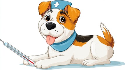 A cheerful cartoon dog, resembling a Jack Russell Terrier, dressed in a nurse's cap and bib, lies beside a thermometer, tongue out, conveying a playful yet caring veterinary theme