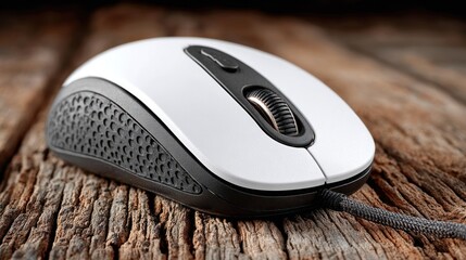 White computer mouse on textured wood, low angle perspective, natural light