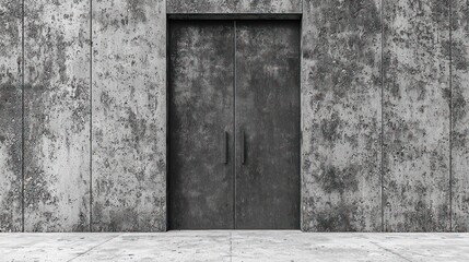 Weathered metal double doors set in a stark, concrete wall, with a concrete floor