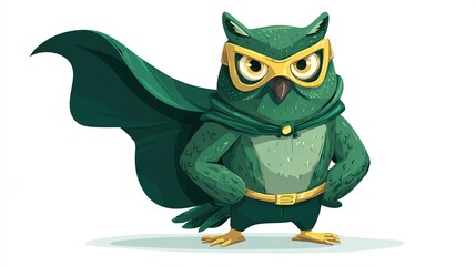 A cartoon owl superhero stands confidently. It has a green body, cape, and mask, with a golden belt, and strong pose