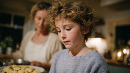 Child with tousled hair eagerly anticipates cookie magic, cozy kitchen vibes, evoking hygge delight on Grandma Day