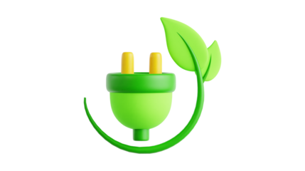 A vibrant 3D rendering of a green electrical plug with a leaf, symbolizing eco-friendly energy.