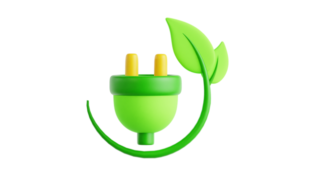 A vibrant 3D rendering of a green electrical plug with a leaf, symbolizing eco-friendly energy.