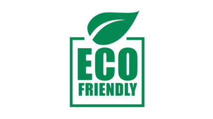 A green leaf rests above the words "ECO FRIENDLY" enclosed in a green square border, symbolizing environmental consciousness and sustainability.
