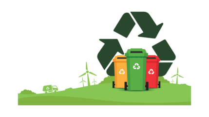Illustration of recycling with bins, recycling symbol, and wind turbines.