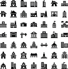 Collection of diverse building icons for design and illustration