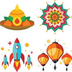 Colorful Diwali Decorations Featuring Flowers Lanterns and Mandalas for Festive Celebrations