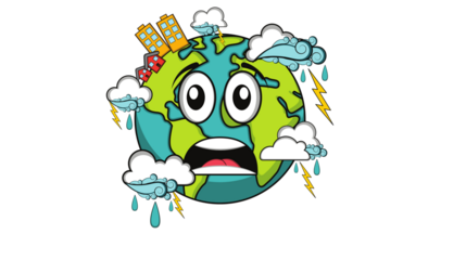 Cartoon Earth globe with scared expression, cities, storms, and rain.