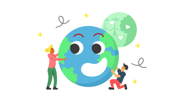 Two people hugging a smiling cartoon Earth with a happy moon in the background, symbolizing environmental care and planetary love.