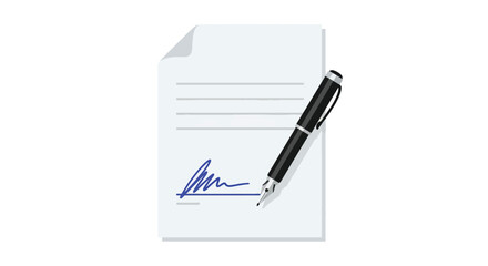 A pen is poised to sign a document with a signature already present.