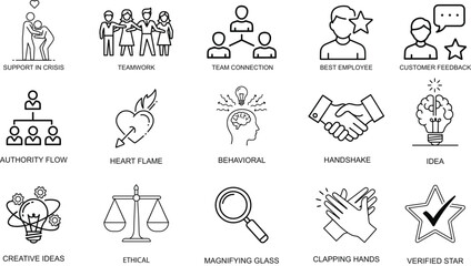 Business Concepts Line Icons Set for Website and Mobile App Development and Marketing Material Featuring Teamwork Support Crisis Ethical Behavior and Creative Idea Generation