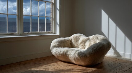 Cozy cloud-like armchair basking in golden sunlight evokes Hygge comfort, peaceful solitude, and World Book Day reflections