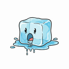 Funny melting ice cube cartoon character with water dripping, representing heat and summer