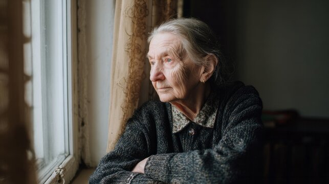 Elderly Caucasian woman gazes out window, nostalgia-laden reflection as winter solstice approaches, invoking ancestral memory tapestry