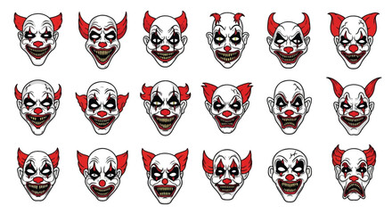 A collection of various clown faces with different expressions and features, all in a creepy style.