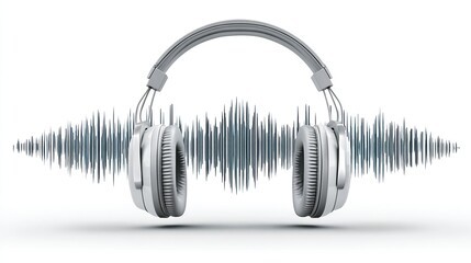 Gray headphones centered against a white backdrop, with an audio waveform bisecting the image
