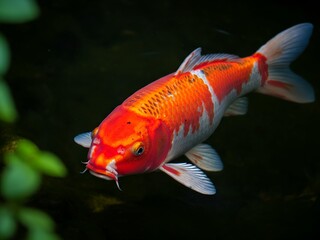A vibrant orange and white Koi fish gracefully swims in dark, tranquil water, showcasing its beauty.