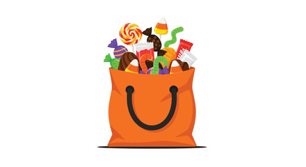 A full orange Halloween trick-or-treat bag overflowing with various candies and sweets.