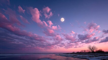 Full Moon Glowing Night Sky over Water Reflection with Pink Clouds at Sunset Twilight Landscape